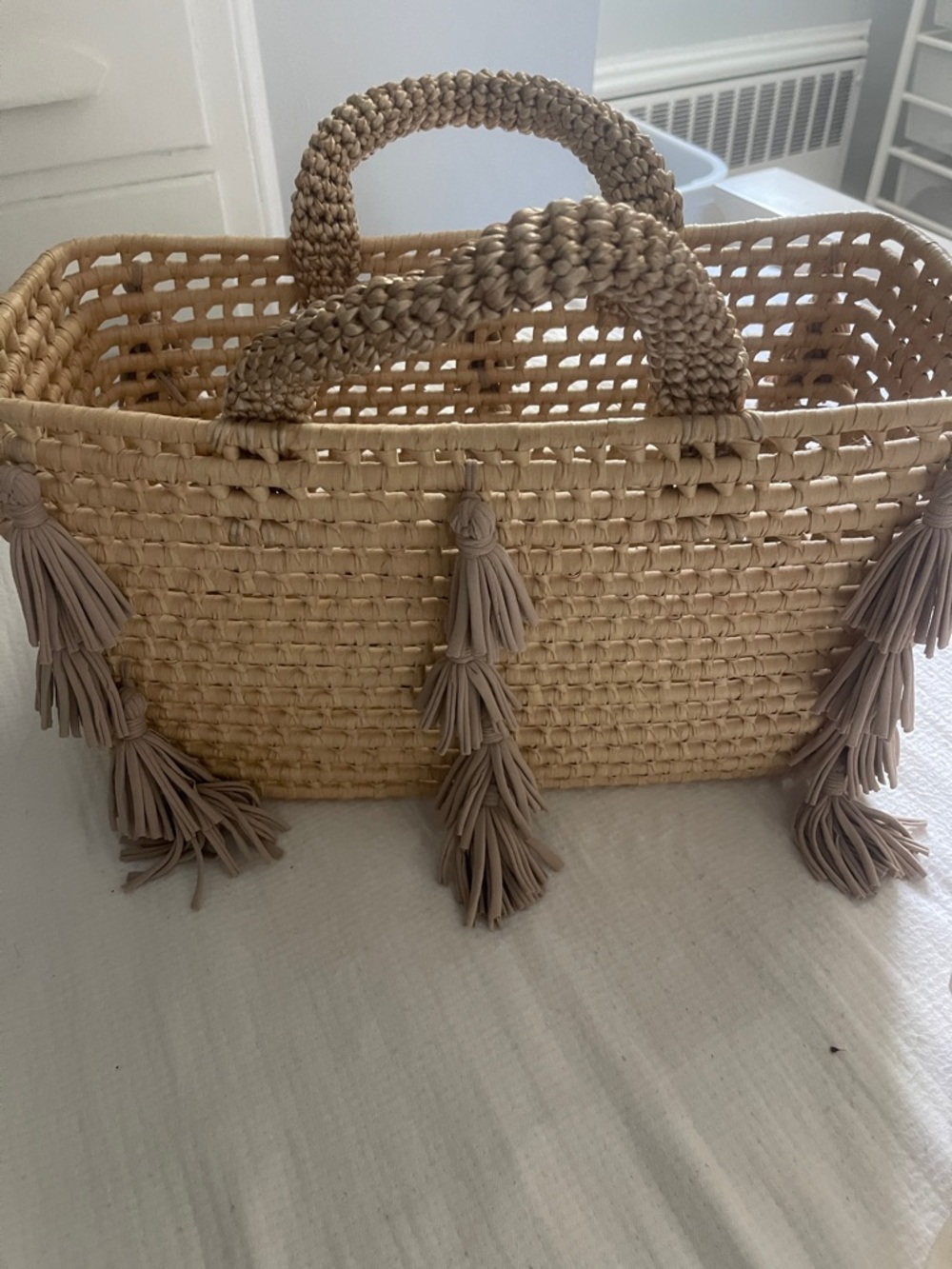 Anthropologie Natural Straw Tote with Taupe Tassels
